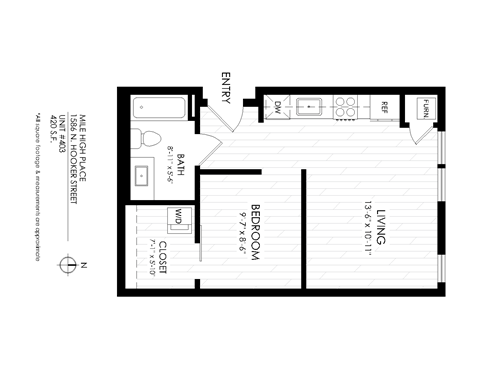Floor plan for studio, 1 bath, 420 sqft